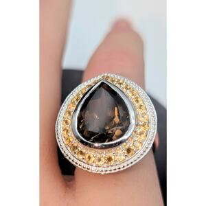 925 Sterling Brown Topaz Teardrop Center Stone Citrine Stone Surround Ring Sz 7